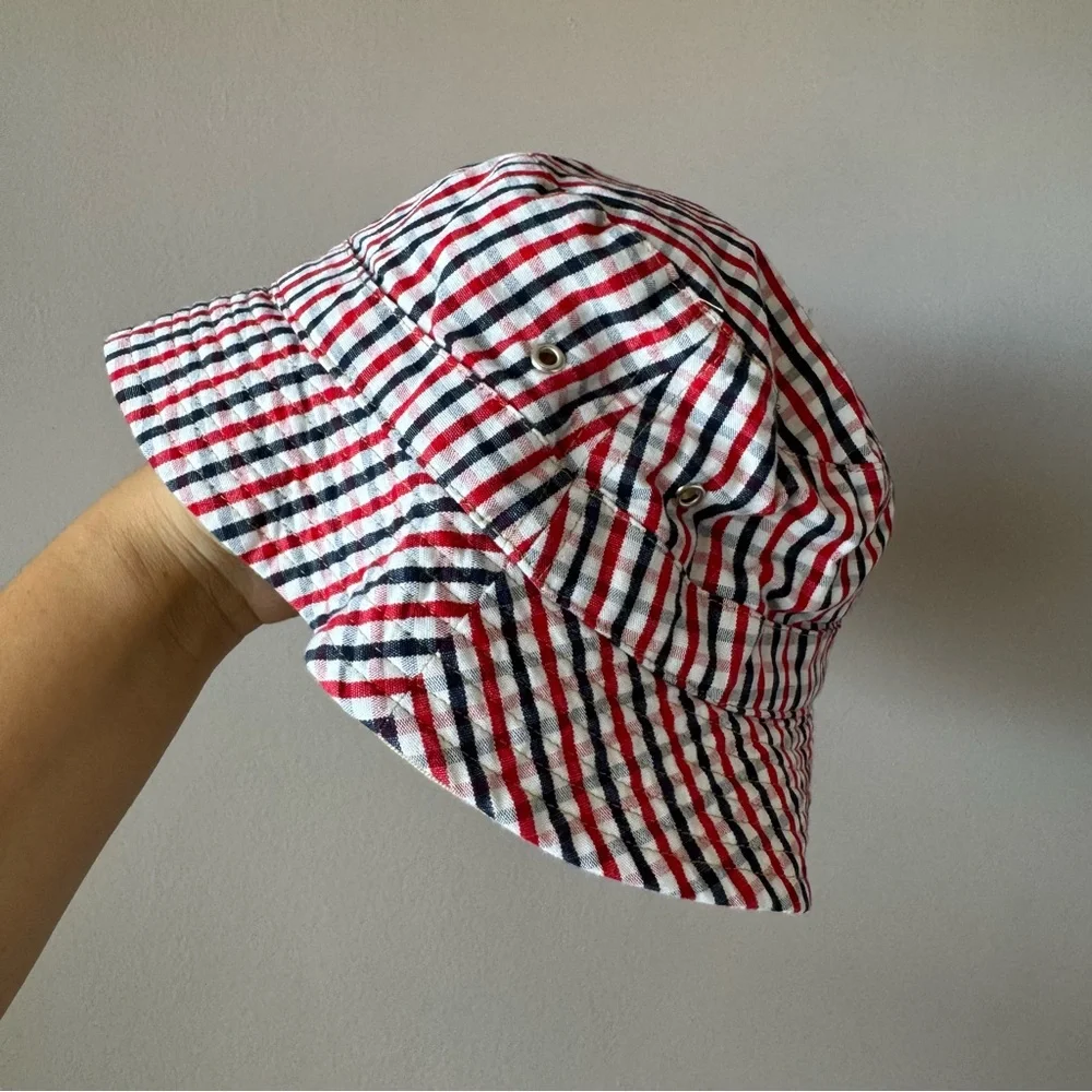 Hanna Andersson Vintage Gingham Plaid‎ Navy Red Reversible Bucket Hat Medium